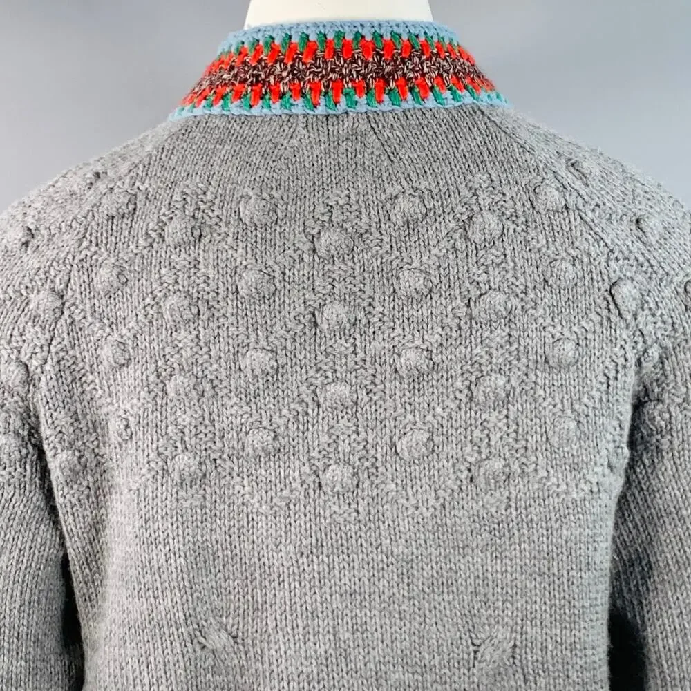 CHANEL Grey Multi Color Wool Cable Knit Bobble Leather Trim Jacket